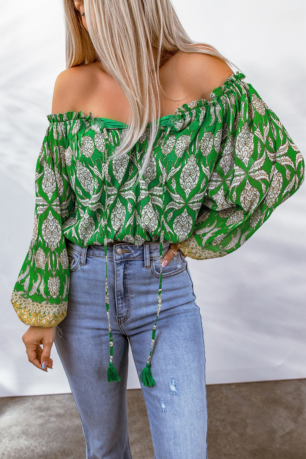 Printed Tassel Tie Balloon Sleeve Blouse-Teresa&#39;s Fashionista LLC