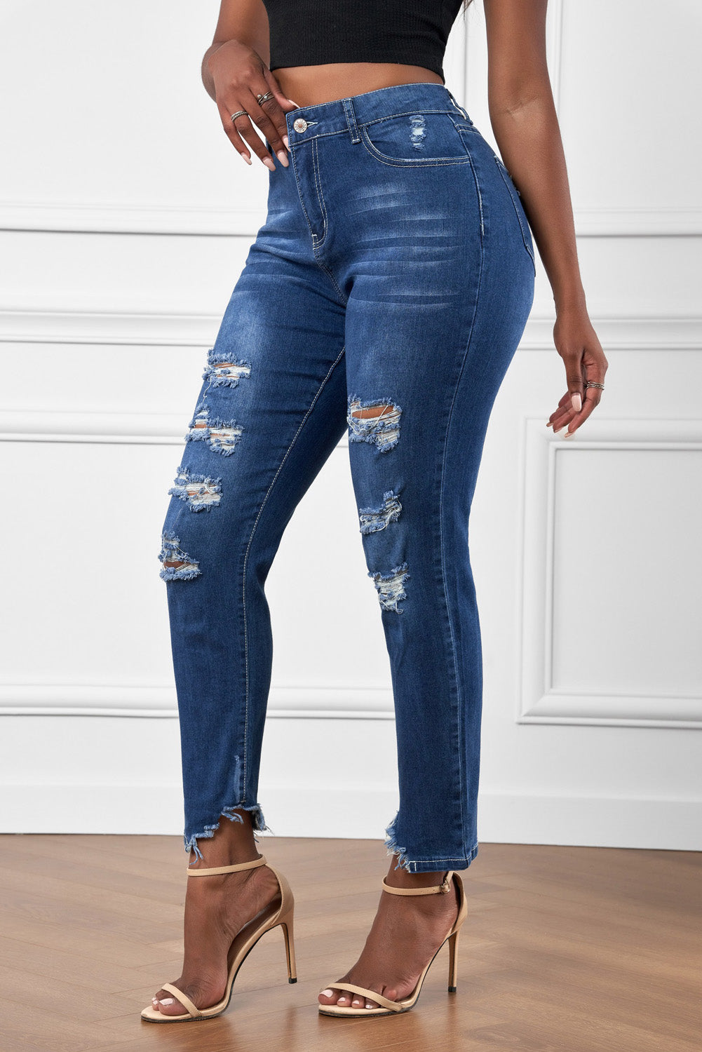 High-Rise Distressed Hem Detail Jeans-Teresa&#39;s Fashionista LLC