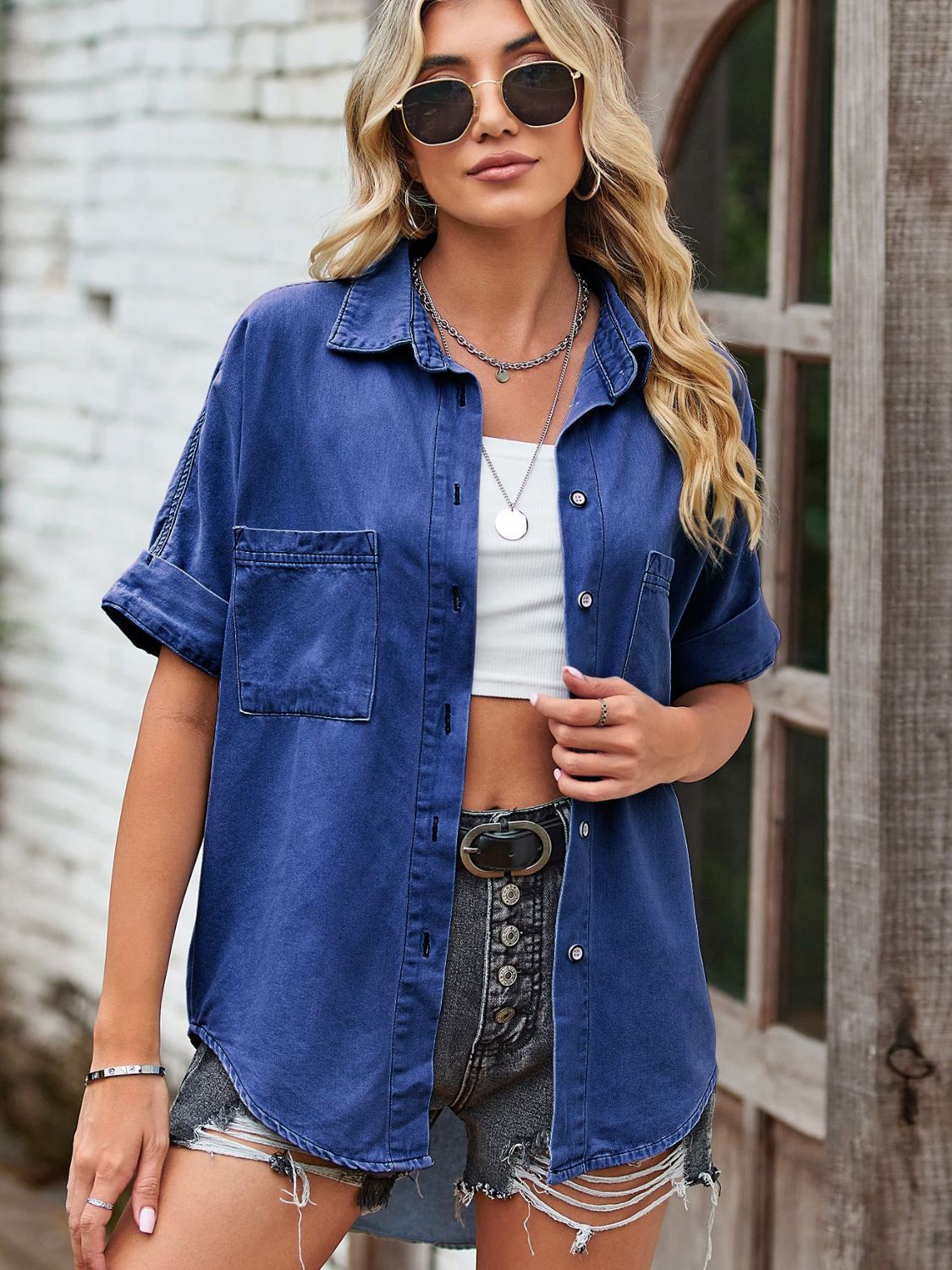 Collared Neck Denim Jacket with Pockets-Teresa&#39;s Fashionista LLC