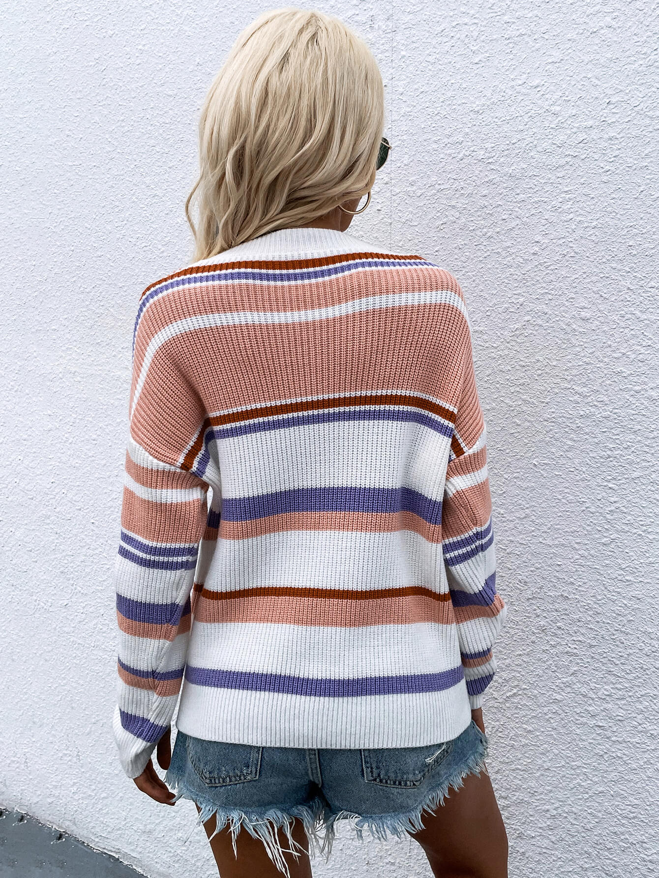 Striped Drop Shoulder Round Neck Pullover Sweater-Teresa&#39;s Fashionista LLC