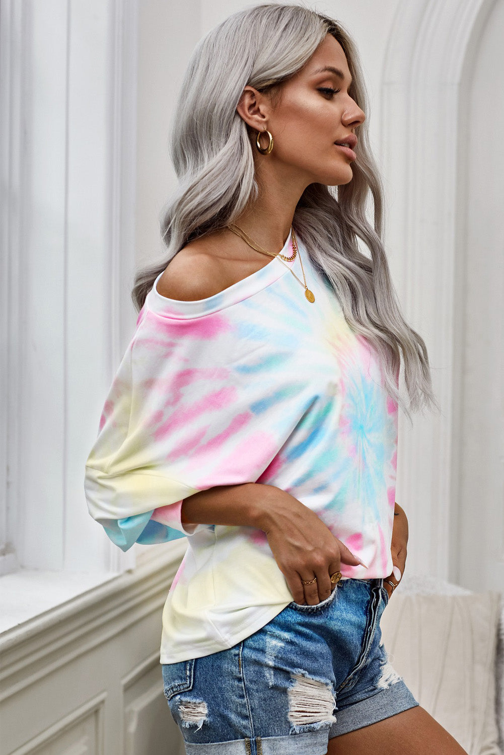 Tie-Dye Boat Neck Batwing Sleeve Tee-Teresa&#39;s Fashionista LLC