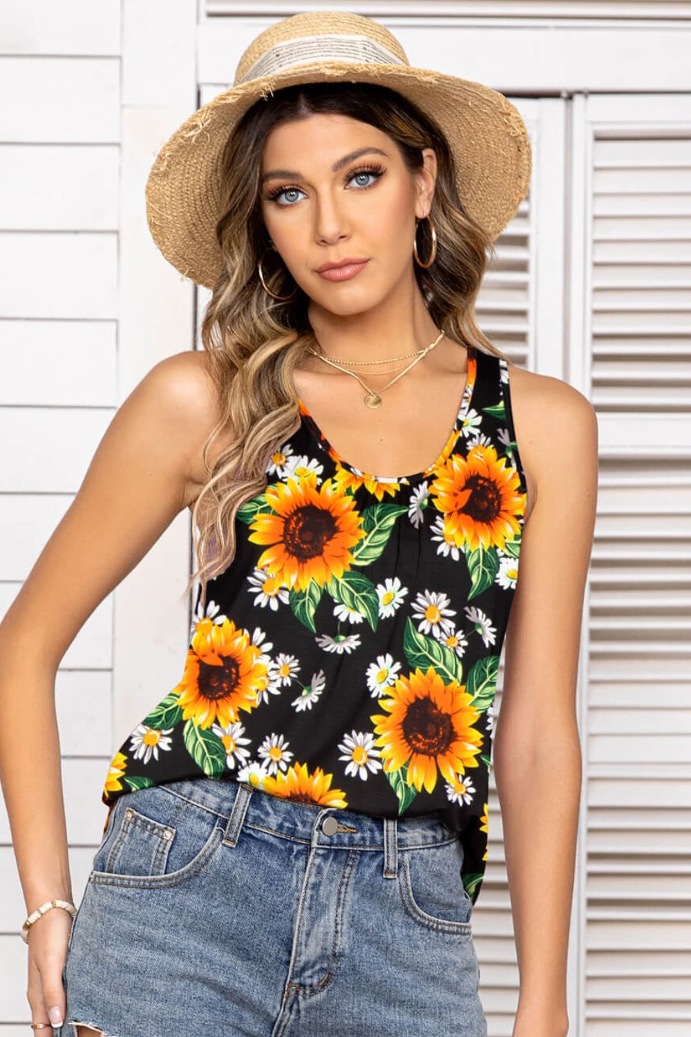 Floral Scoop Neck Tank Top-Teresa&#39;s Fashionista LLC