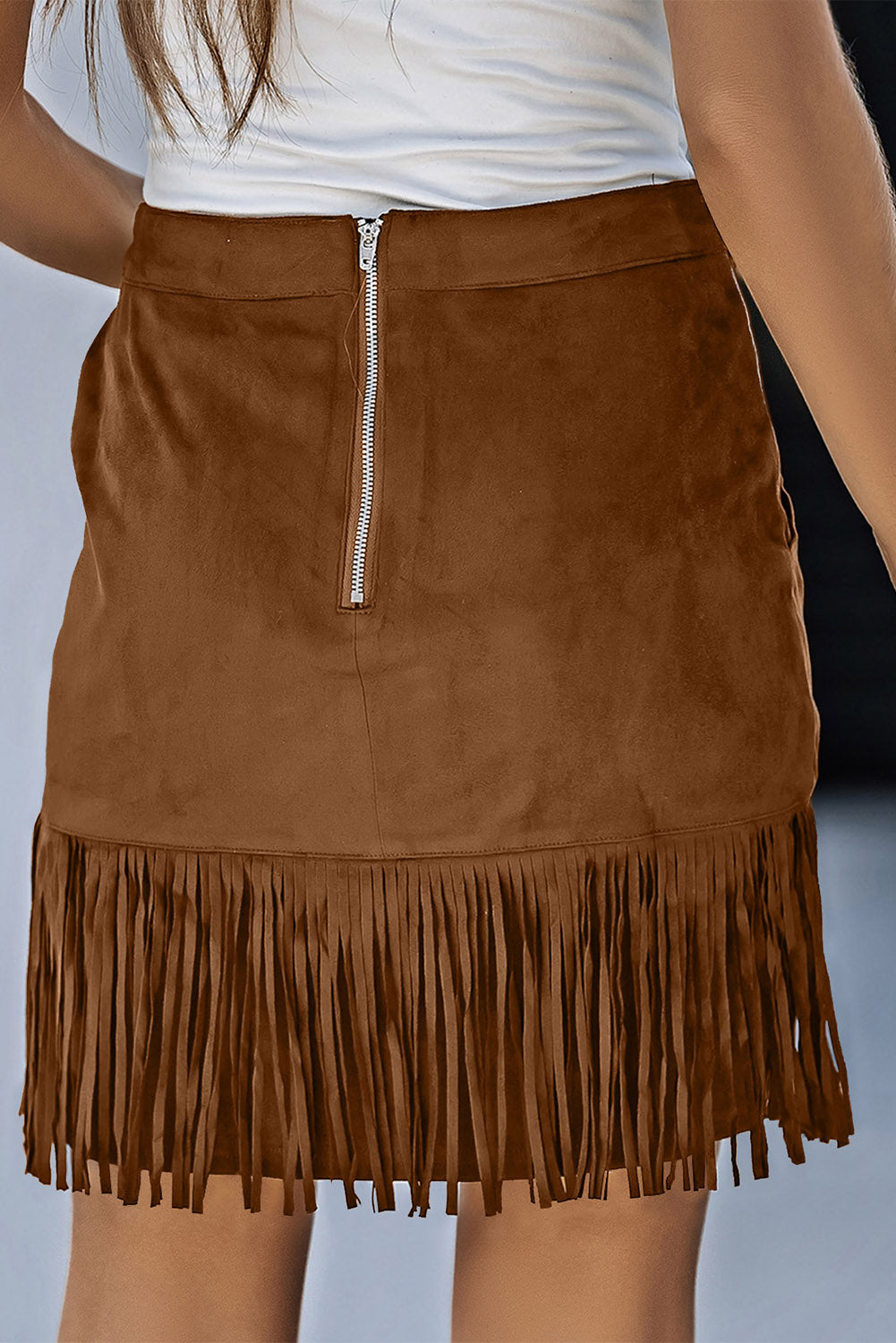 Fringe Detail Zip-Back Skirt with Pockets-Teresa&#39;s Fashionista LLC