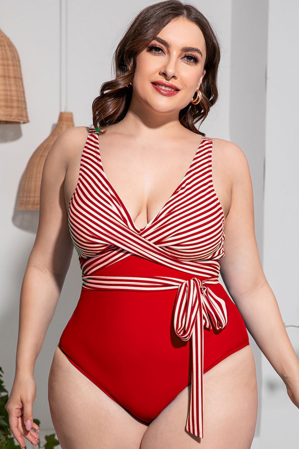 Plus Size Striped Tie-Waist One-Piece Swimsuit-Teresa&#39;s Fashionista LLC