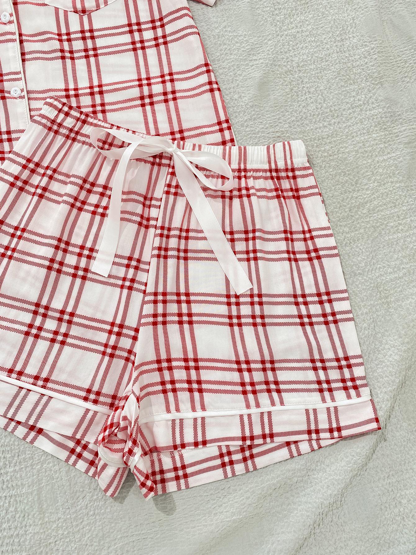 Plaid Lapel Collar Shirt and Shorts Lounge Set-Teresa&#39;s Fashionista LLC