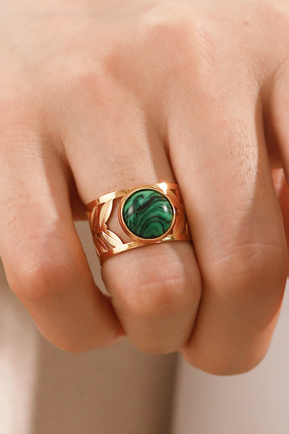 18k Gold Plated Malachite Leaf Ring-Teresa&#39;s Fashionista LLC