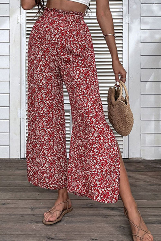 Ditsy Floral Slit Paperbag Waist Wide Leg Pants-Teresa&#39;s Fashionista LLC