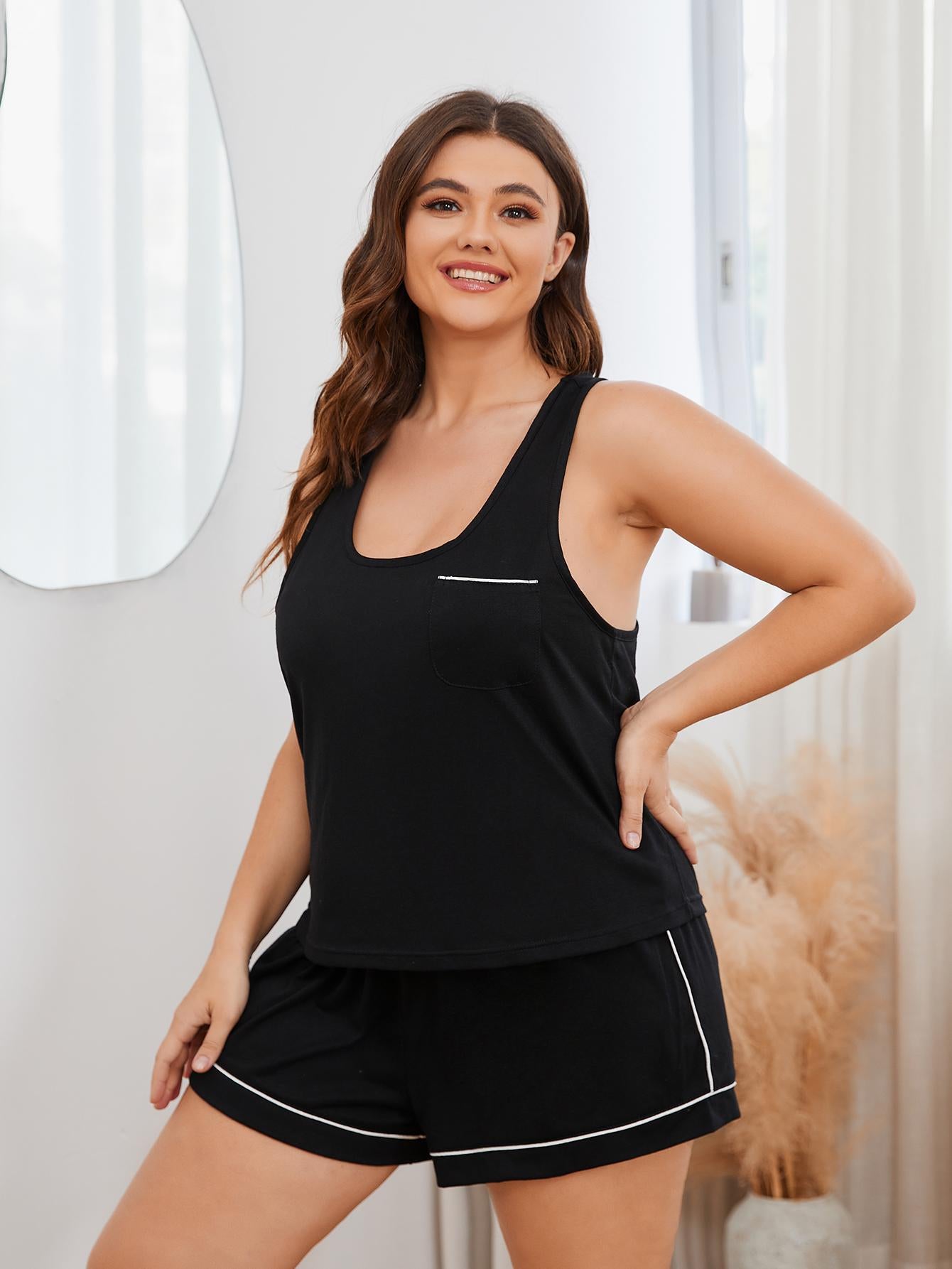 Plus Size Contrast Piping Racerback Tank and Shorts Lounge Set-Teresa&#39;s Fashionista LLC