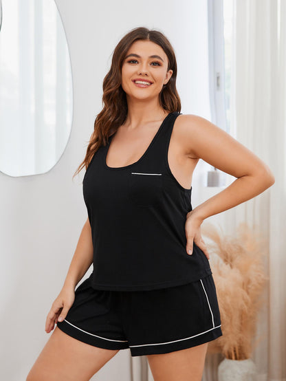 Plus Size Contrast Piping Racerback Tank and Shorts Lounge Set-Teresa&#39;s Fashionista LLC