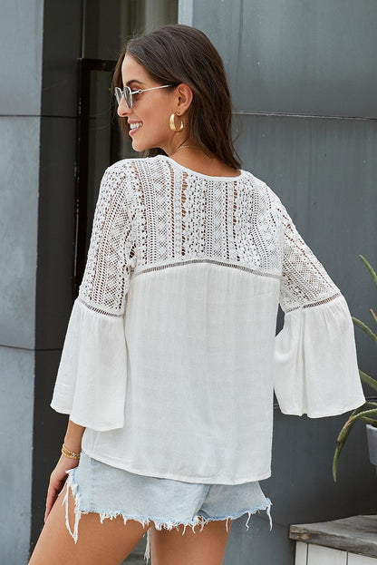 Flare Sleeve Spliced Lace V-Neck Shirt-Teresa&#39;s Fashionista LLC