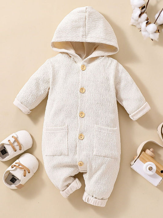 Baby Textured Button Front Hooded Jumpsuit with Pockets - Teresa's Fashionista LLC