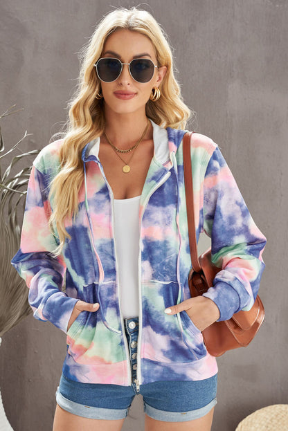 Tie-Dye Drawstring Detail Zip Up Hooded Jacket-Teresa&#39;s Fashionista LLC