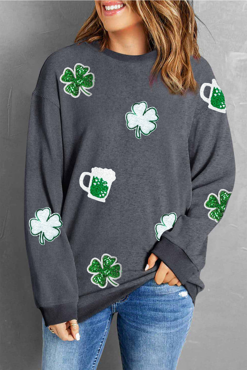 Lucky Clover Beer Sequin Round Neck Sweatshirt-Teresa&#39;s Fashionista LLC