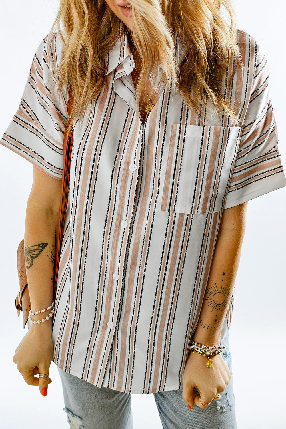 Striped Short Sleeve Shirt with Breast Pocket-Teresa&#39;s Fashionista LLC