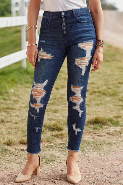 Distressed Button Fly Raw Hem Jeans-Teresa&#39;s Fashionista LLC