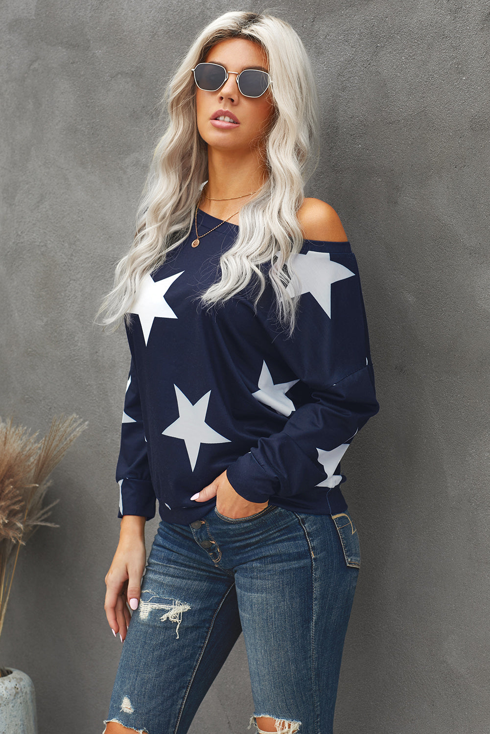 Star Print Long Sleeve Sweatshirt-Teresa&#39;s Fashionista LLC