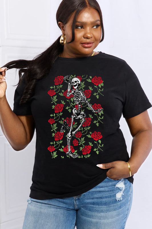 Simply Love Full Size Skeleton & Rose Graphic Cotton Tee-Teresa&#39;s Fashionista LLC