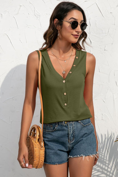 Buttoned Deep V Tank-Teresa&#39;s Fashionista LLC