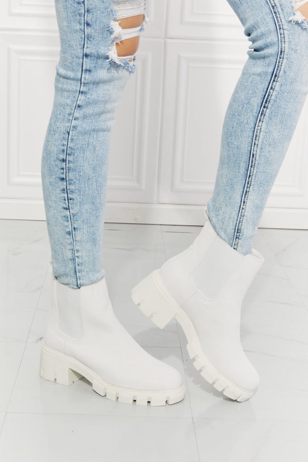 MMShoes Work For It Matte Lug Sole Chelsea Boots in White-Teresa&#39;s Fashionista LLC