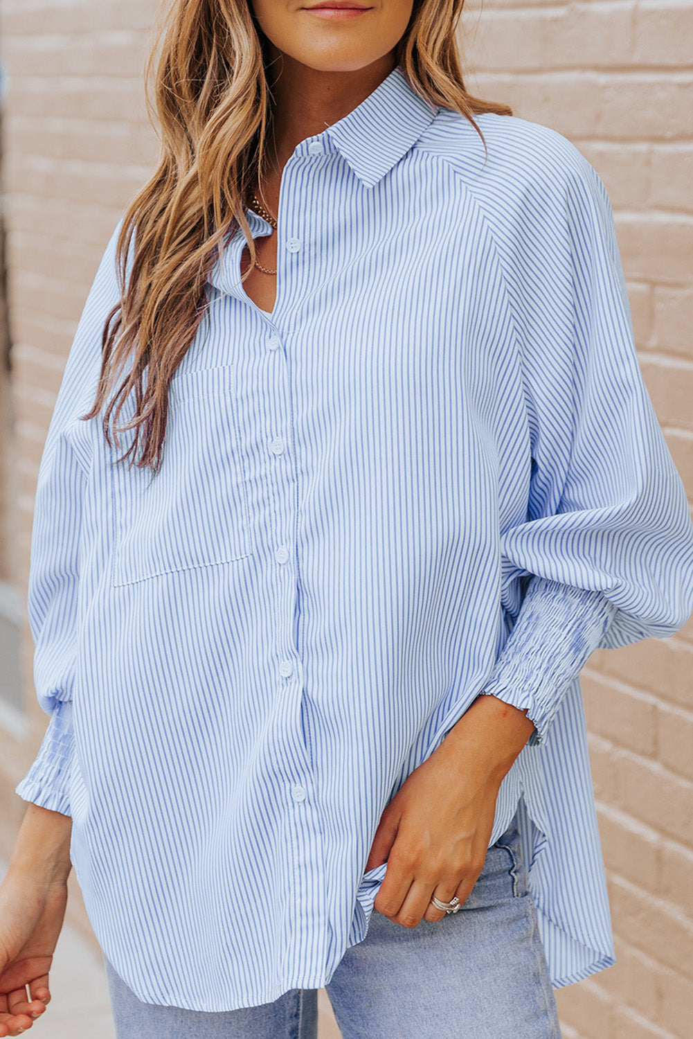 Striped Lantern Sleeve Collared Shirt-Teresa&#39;s Fashionista LLC