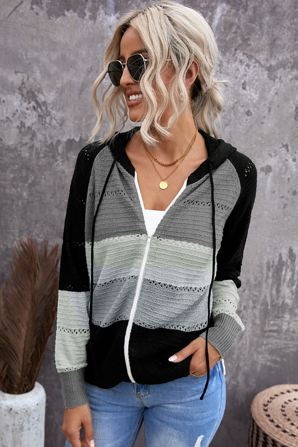 Zip-Up Raglan Sleeve Openwork Hooded Cardigan-Teresa&#39;s Fashionista LLC