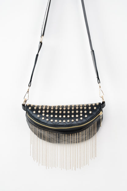 PU Leather Studded Sling Bag with Fringes-Teresa&#39;s Fashionista LLC