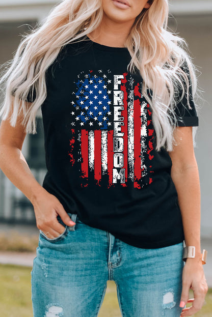 FREEDOM US Flag Graphic Round Neck Tee-Teresa&#39;s Fashionista LLC