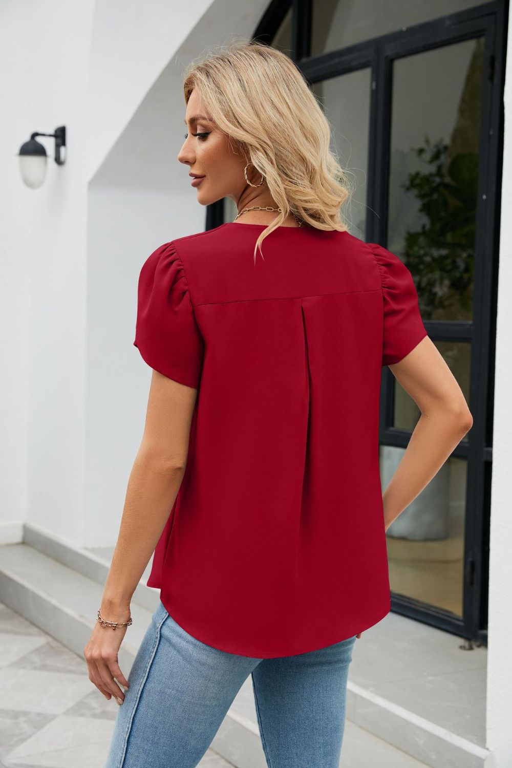 Petal Sleeve V-Neck Top-Teresa&#39;s Fashionista LLC