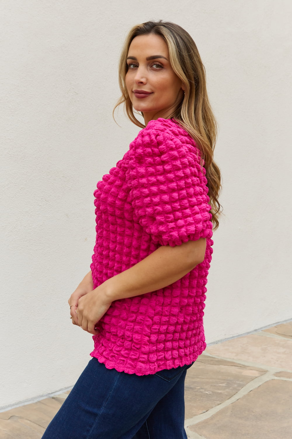 And The Why Full Size Bubble textured Puff Sleeve Top-Teresa&#39;s Fashionista LLC