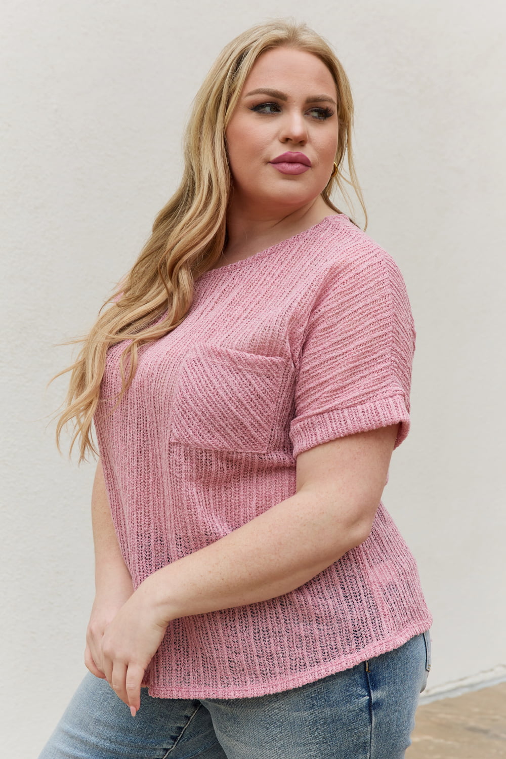 e.Luna Full Size Chunky Knit Short Sleeve Top in Mauve-Teresa&#39;s Fashionista LLC