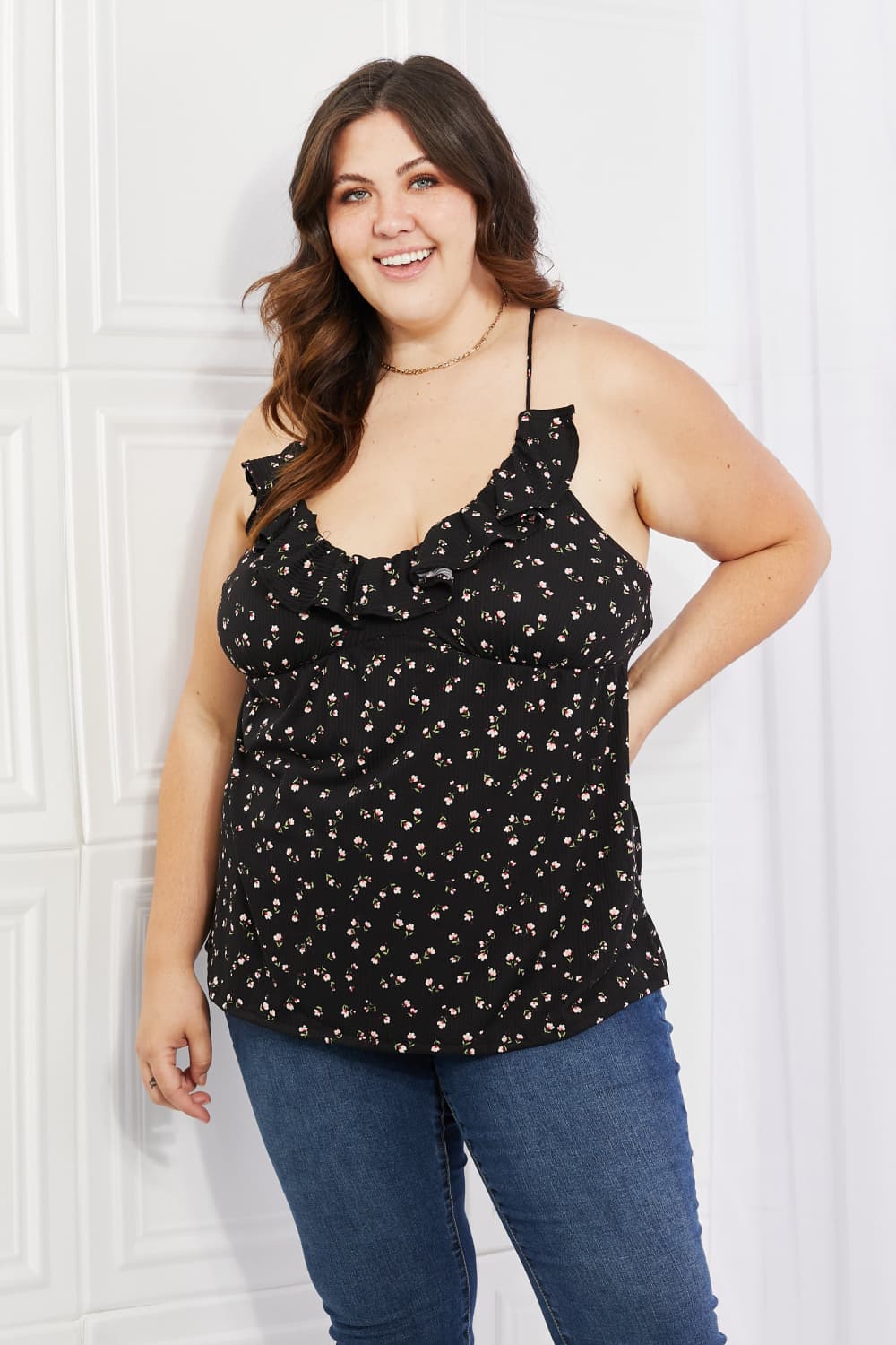 Culture Code Full Size Taste of Spring Ruffle Sleeveless Top in Black-Teresa&#39;s Fashionista LLC