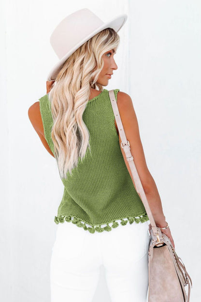 Openwork Tassel Hem Knit Tank-Teresa&#39;s Fashionista LLC