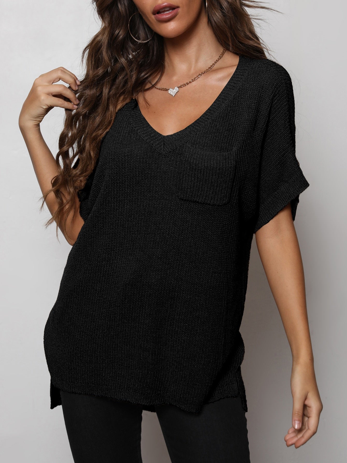 V-Neck Slit High-Low Knit Top-Teresa&#39;s Fashionista LLC