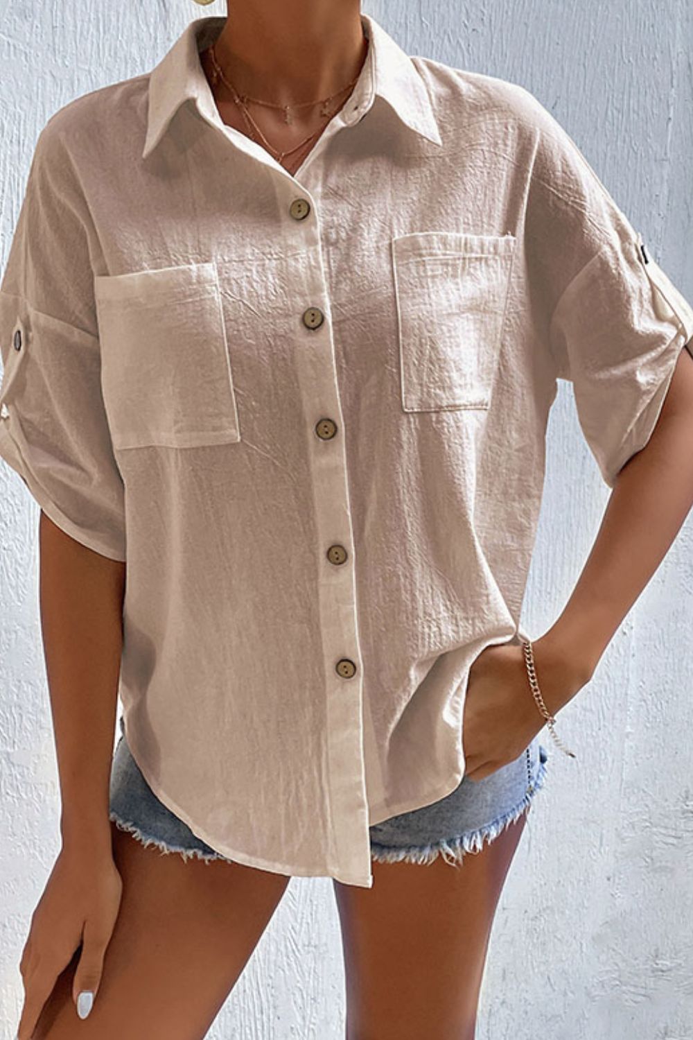 Roll-Tab Sleeve Shirt with Pockets-Teresa&#39;s Fashionista LLC