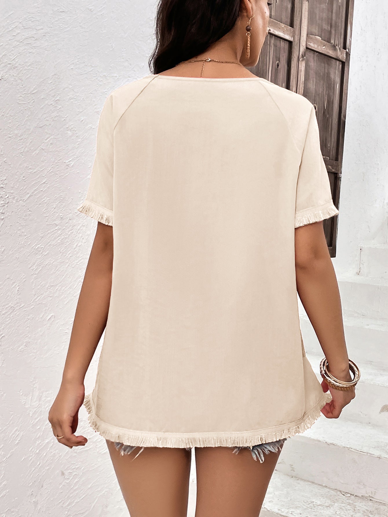 Round Neck Raglan Sleeve Fringe Detail Top-Teresa&#39;s Fashionista LLC