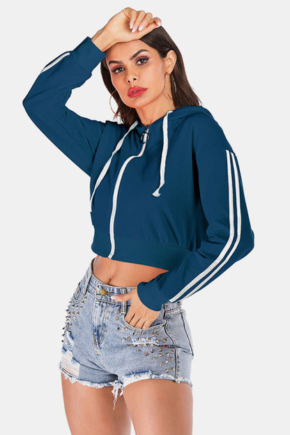 Side Stripe Drawstring Cropped Hooded Jacket-Teresa&#39;s Fashionista LLC