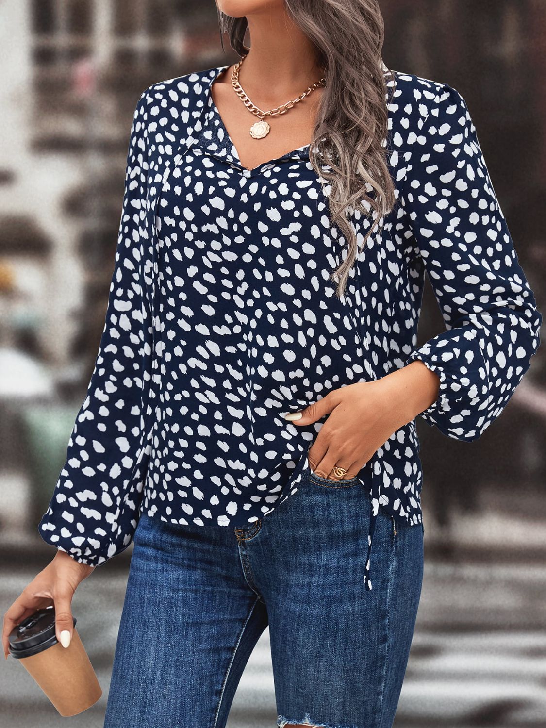 Printed Tie Neck Long Sleeve Blouse-Teresa&#39;s Fashionista LLC