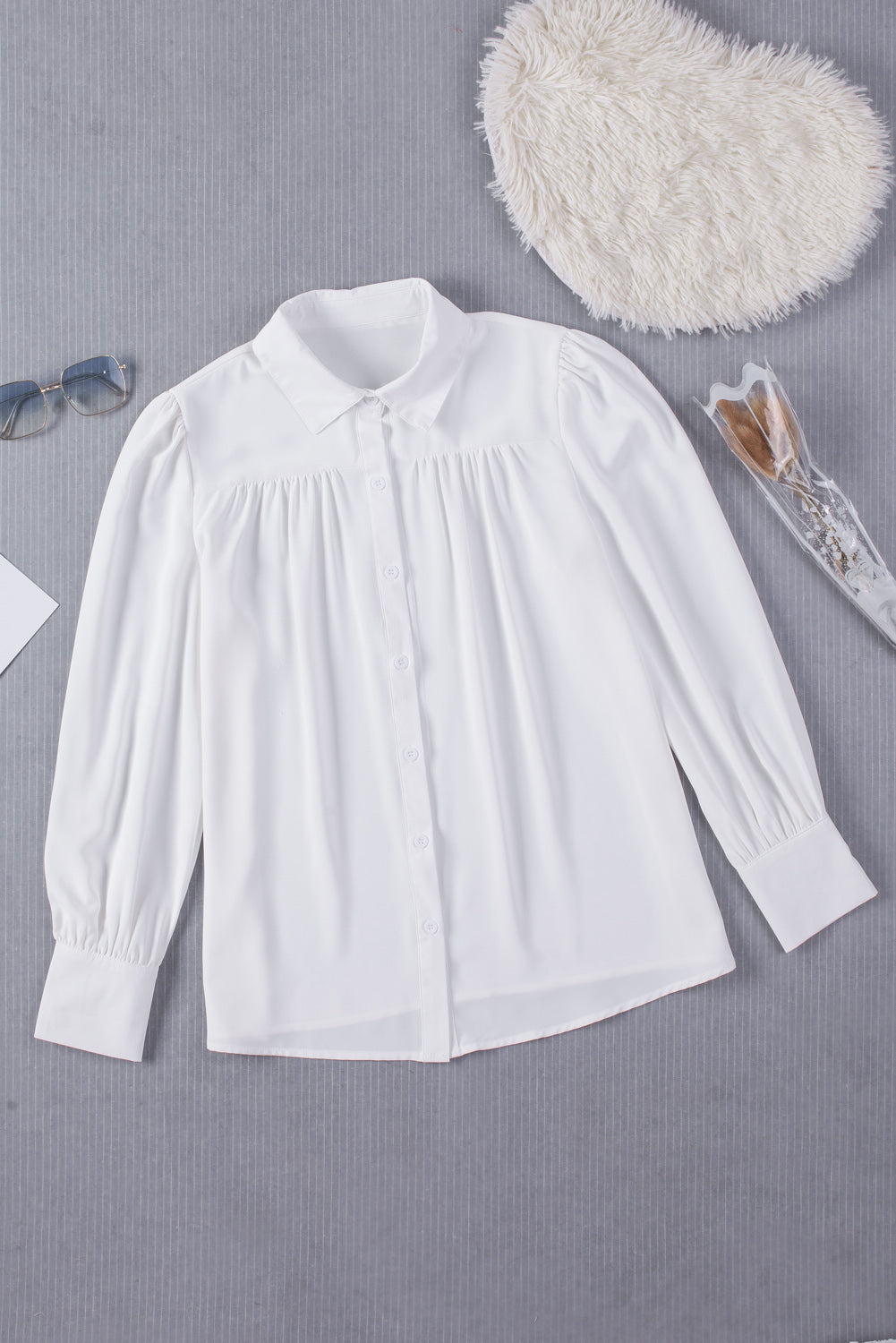 Gathered Detail Puff Sleeve Shirt-Teresa&#39;s Fashionista LLC