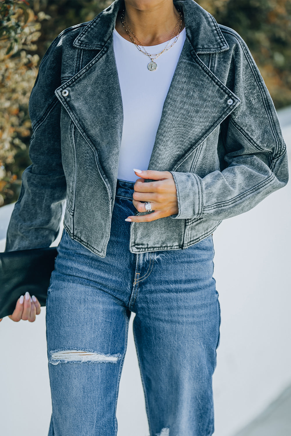 Acid Wash Lapel Collar Cropped Denim Jacket-Teresa&#39;s Fashionista LLC