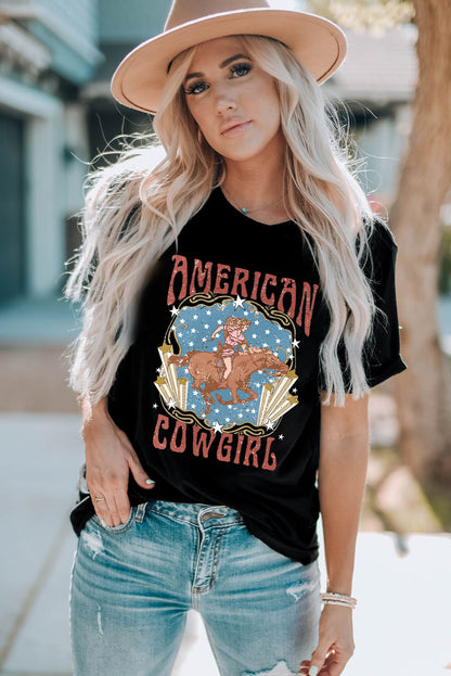 AMERICAN COWGIRL Graphic Short Sleeve Tee-Teresa&#39;s Fashionista LLC