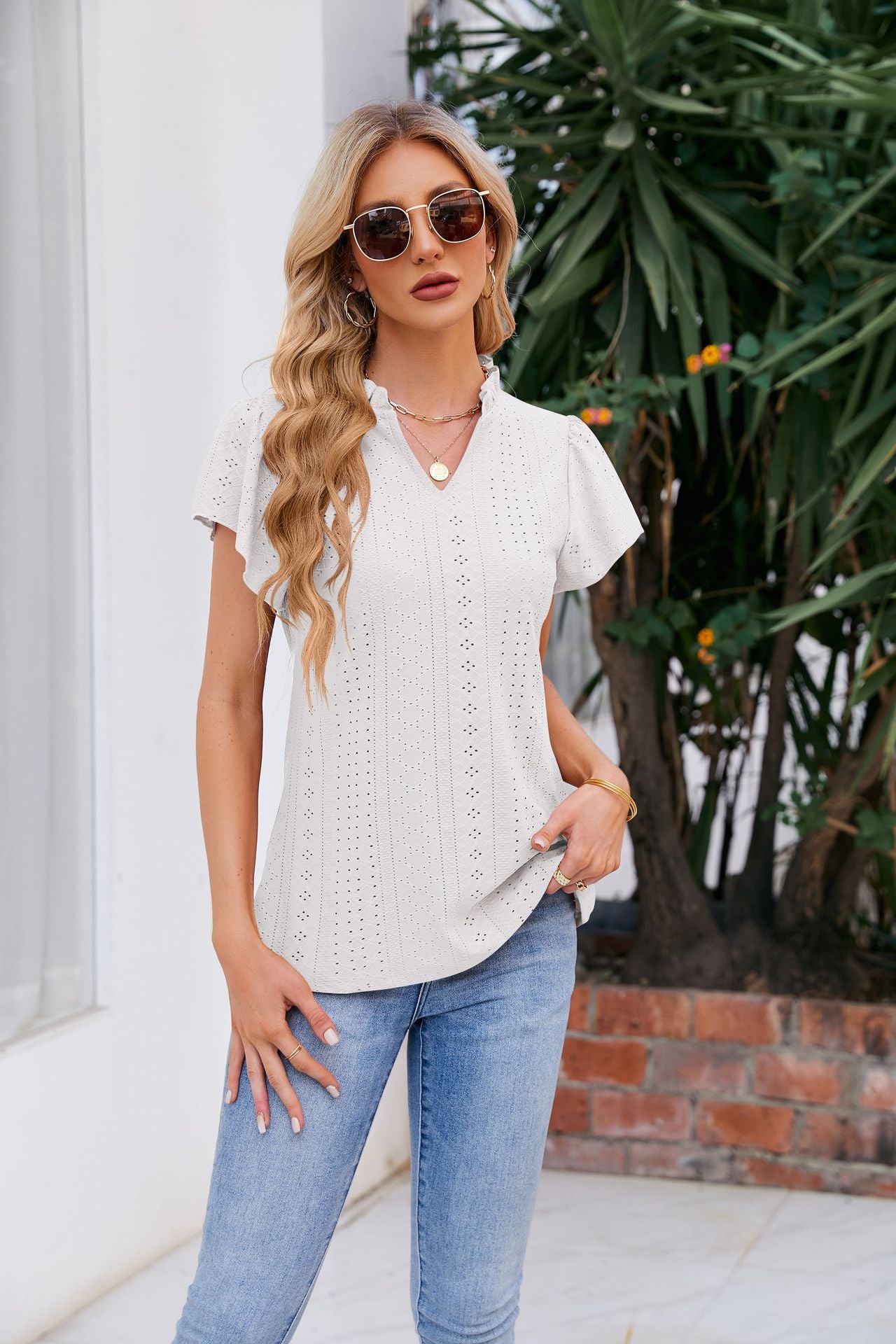 Notched Neck Puff Sleeve Blouse-Teresa&#39;s Fashionista LLC