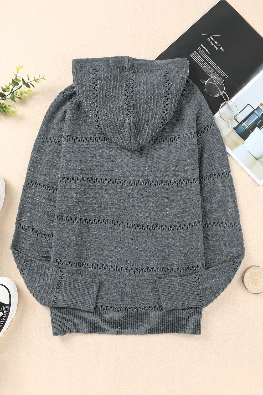 Zip-Up Raglan Sleeve Openwork Hooded Cardigan-Teresa&#39;s Fashionista LLC