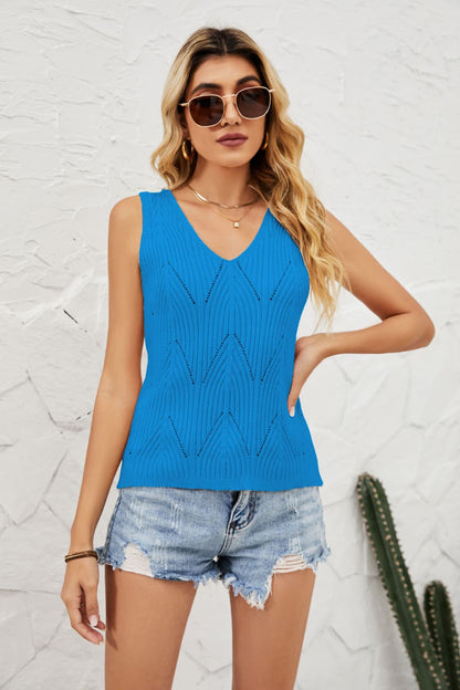 Openwork V-Neck Knit Top-Teresa&#39;s Fashionista LLC