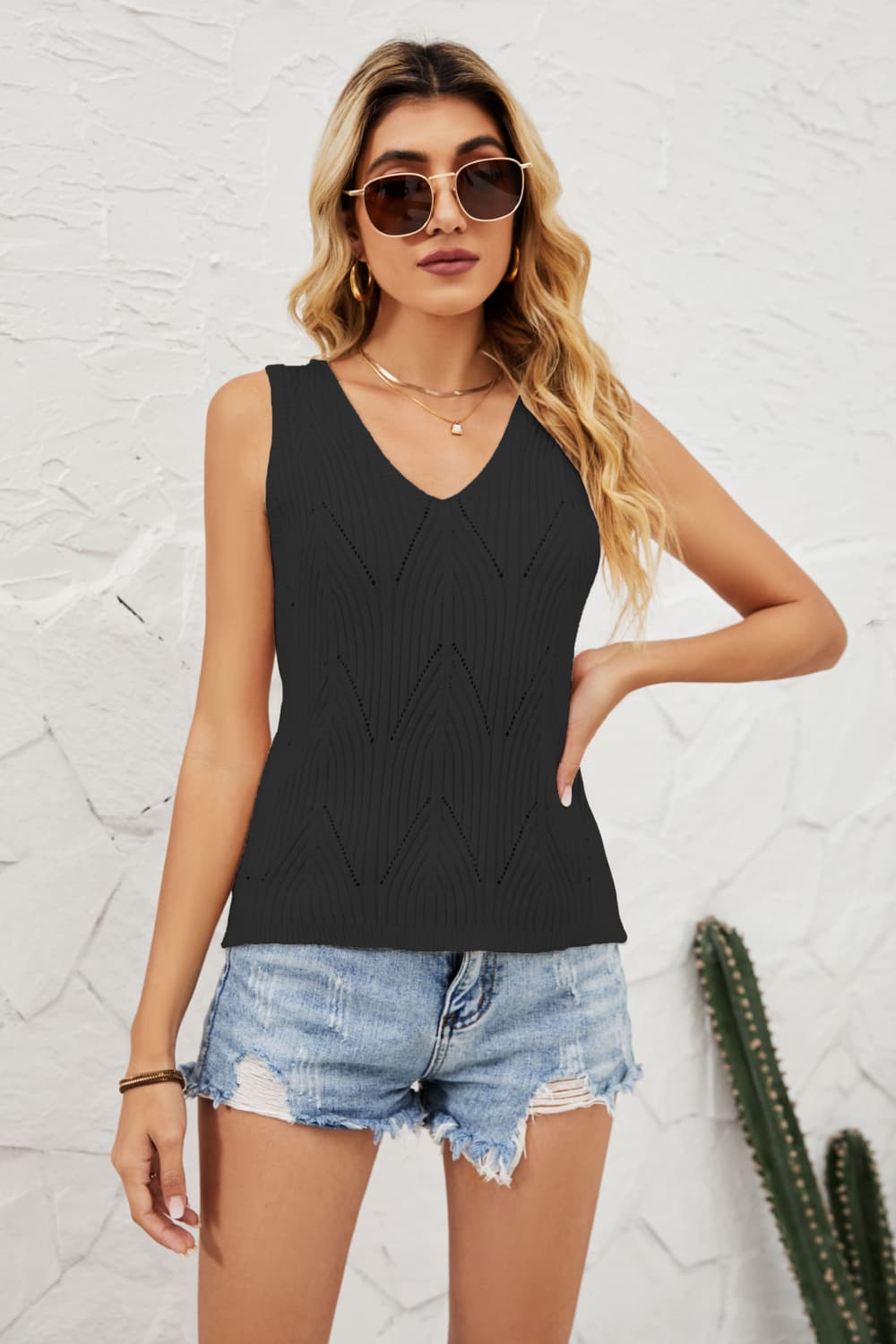 Openwork V-Neck Knit Top-Teresa&#39;s Fashionista LLC