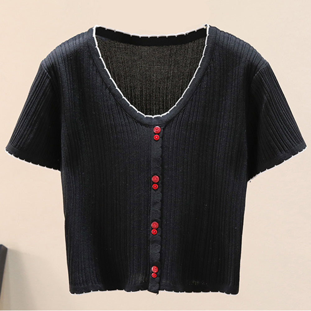 Contrast Decorative Button Short Sleeve Knit Top-Teresa&#39;s Fashionista LLC