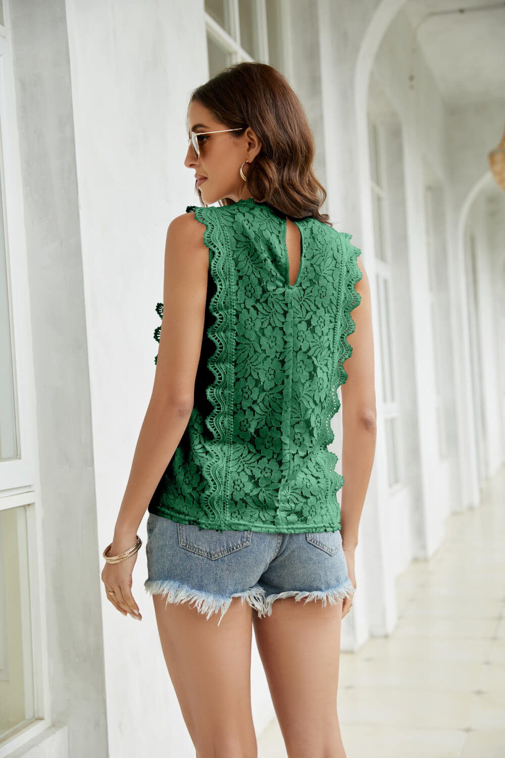 Lace Scalloped Keyhole V-Neck Tank-Teresa&#39;s Fashionista LLC