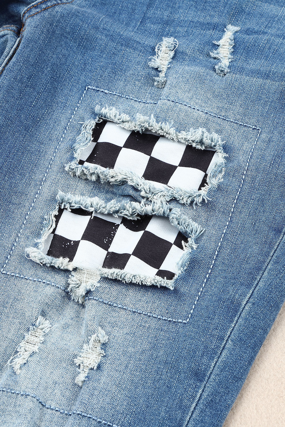 Checkered Patchwork Mid Waist Distressed Jeans-Teresa&#39;s Fashionista LLC