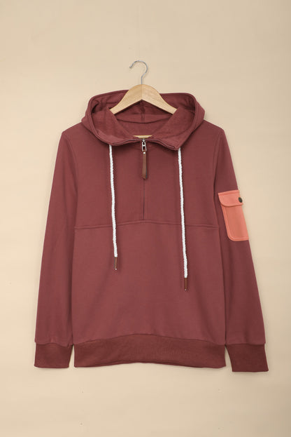 Half Zip Patch Pocket Drawstring Hoodie-Teresa&#39;s Fashionista LLC