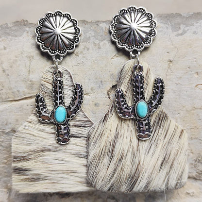 Turquoise Decor Cactus Alloy Earrings-Teresa&#39;s Fashionista LLC