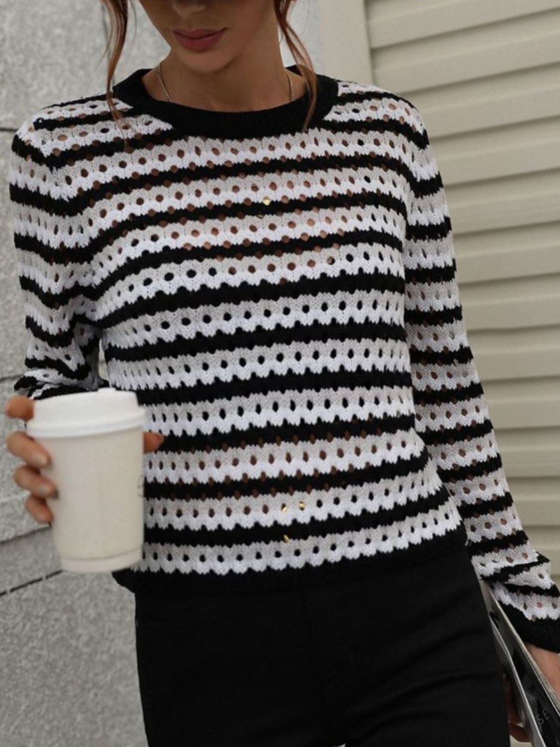 Striped Openwork Long-Sleeve Knit Pullover-Teresa&#39;s Fashionista LLC